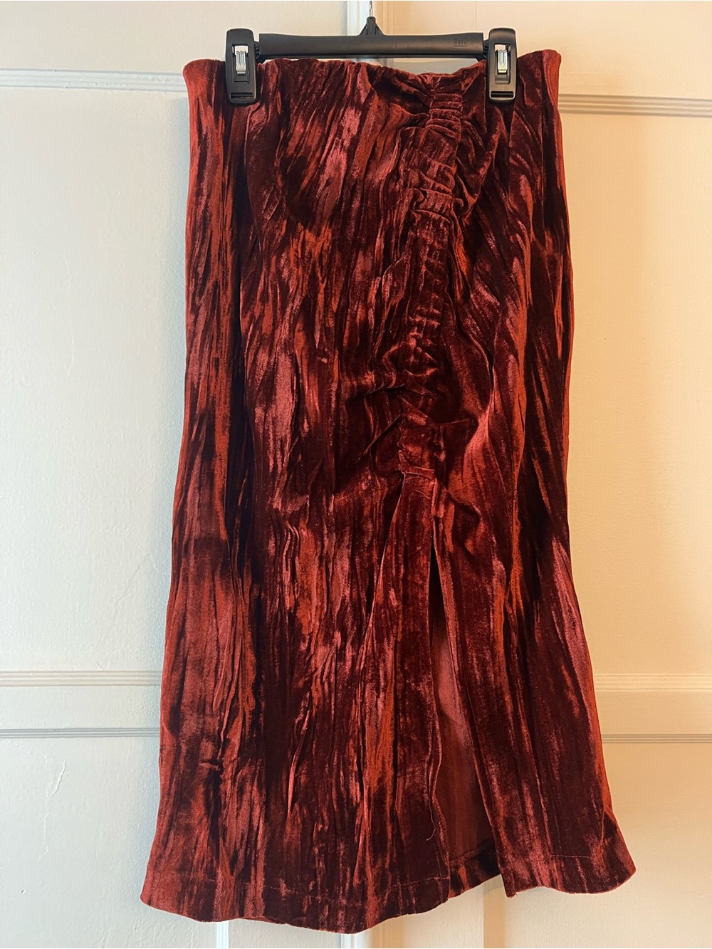 Zara Velvet Midi Skirt in Burgundy Red with Front Ruffle